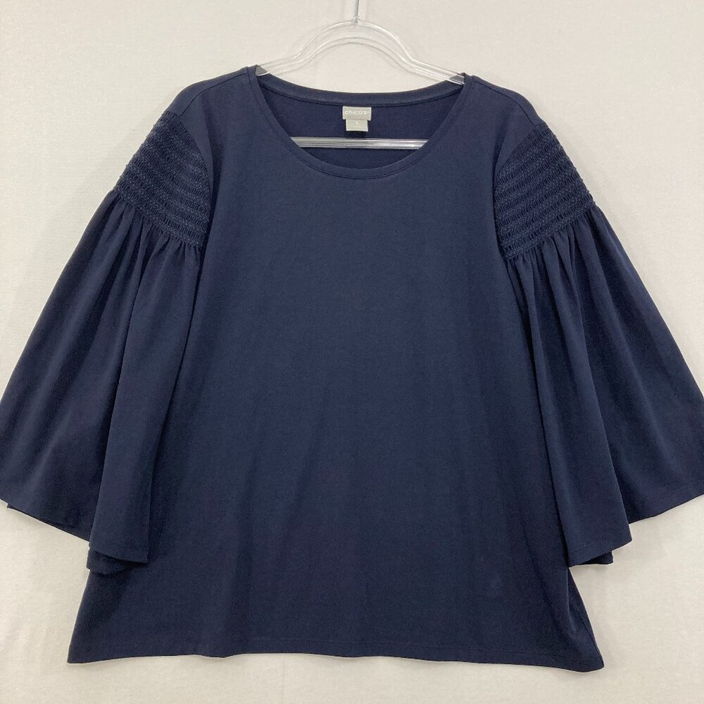 Chico's size XL/3 Navy Crew Neck Smocked Detail Flare‎ Sleeve Stretch Blouse